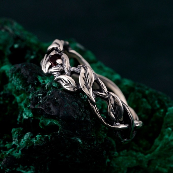 Garnet Twig Silver Ring - Adorned Branch Design
