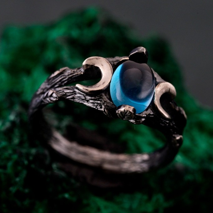 Silver Moon Phase Ring with Blue Gemstone: Enchanted Forest Bohemian Wedding Band