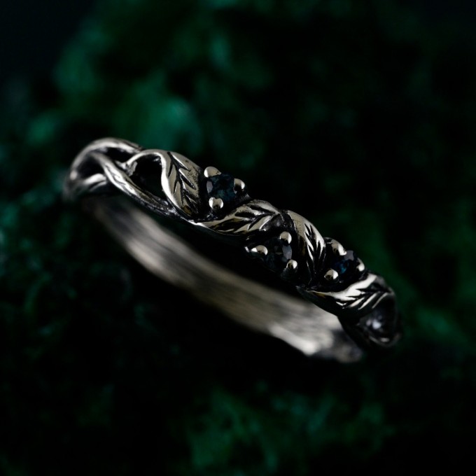 London Blue Topaz Silver Ring – Nature-Inspired Jewelry with Fairy Vine & Willow Leaf Design