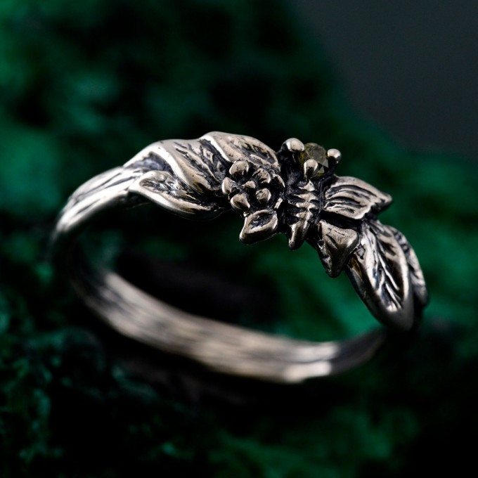 Enchanted Forest Peridot Twig Ring with Unique Butterfly Design