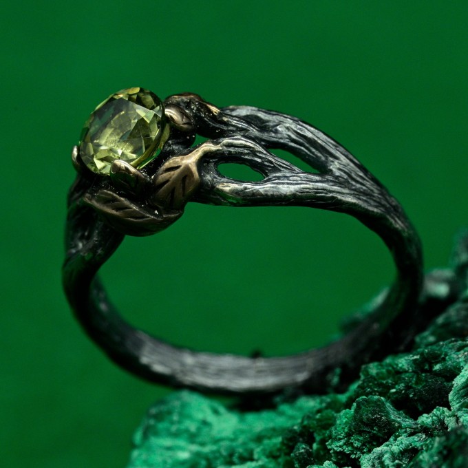 Mystical Forest Ring with Peridot and Leafy Blossom Design