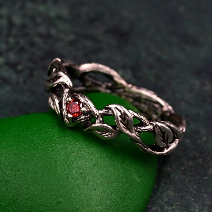 Men's Garnet Wedding Band & Nature-Inspired Silver Vine Leaf Promise Ring