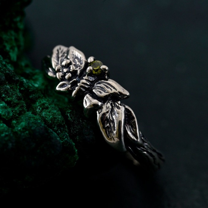 Unique Peridot Twig Engagement Ring - Nature-Inspired Sterling Silver Design with Butterfly