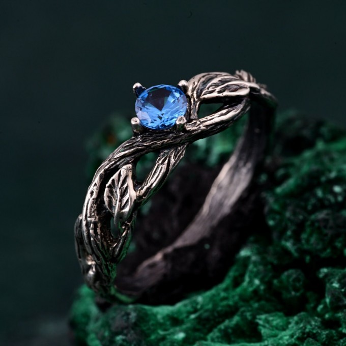 Leaves of Serenity: Gothic Blue Gemstone Ring