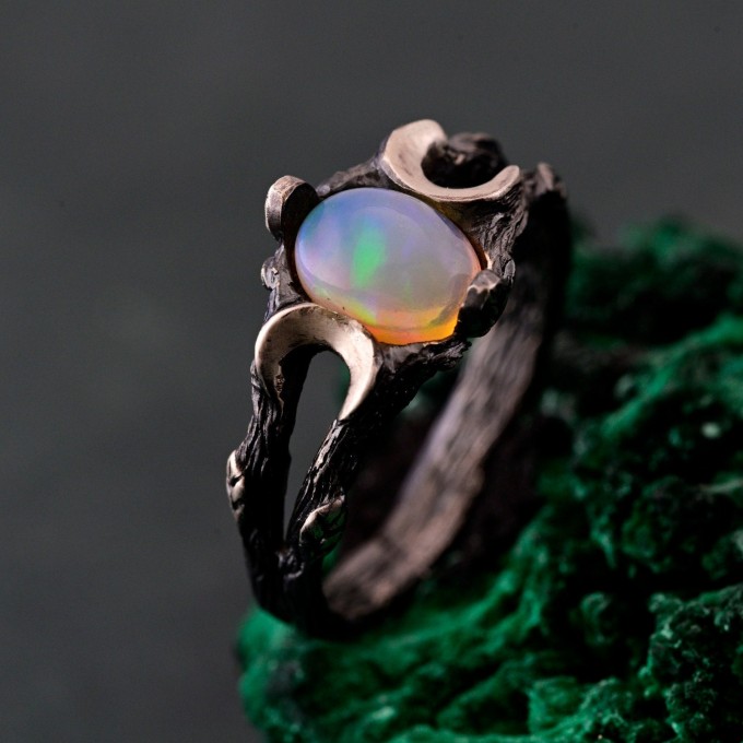 Silver Moon Phase Ring with Opal: Boho Celestial Wedding Band with Enchanted Forest Design