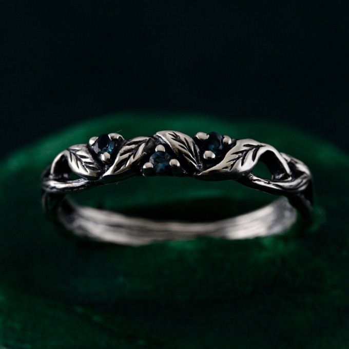 London Blue Topaz Silver Ring – Nature-Inspired Jewelry with Fairy Vine & Willow Leaf Design