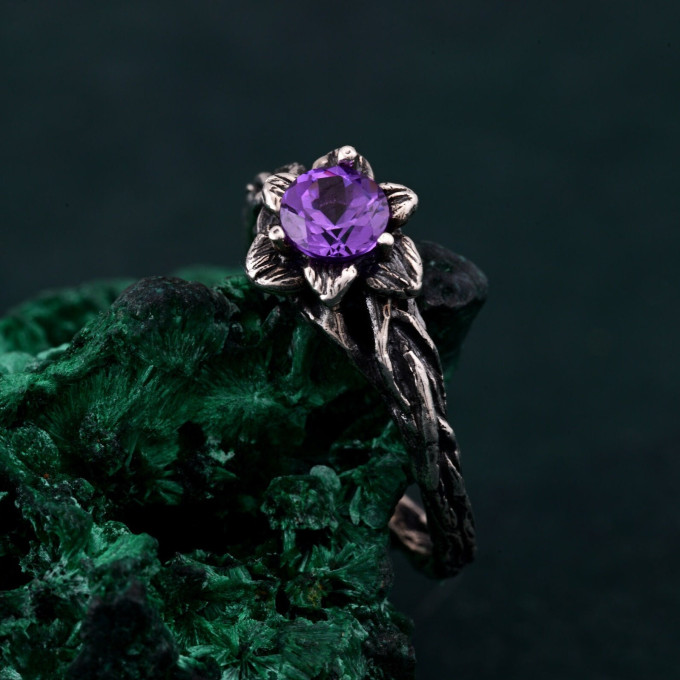 Garnet Blossom Twig Ring with Whimsical Vine Design