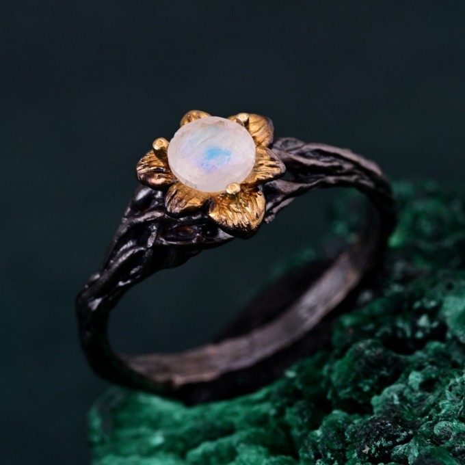 Moonstone Blossom Twig Ring & Enchanted Forest Moonstone Ring