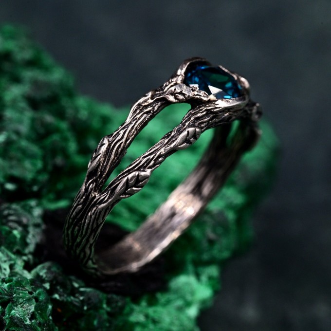 Enchanting Unique London Blue Topaz Celtic Ring - Double Branch Design