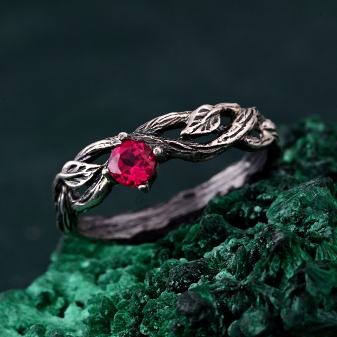 Leafy Branch with Ruby Ring – Nature-Inspired Silver Twig Jewelry