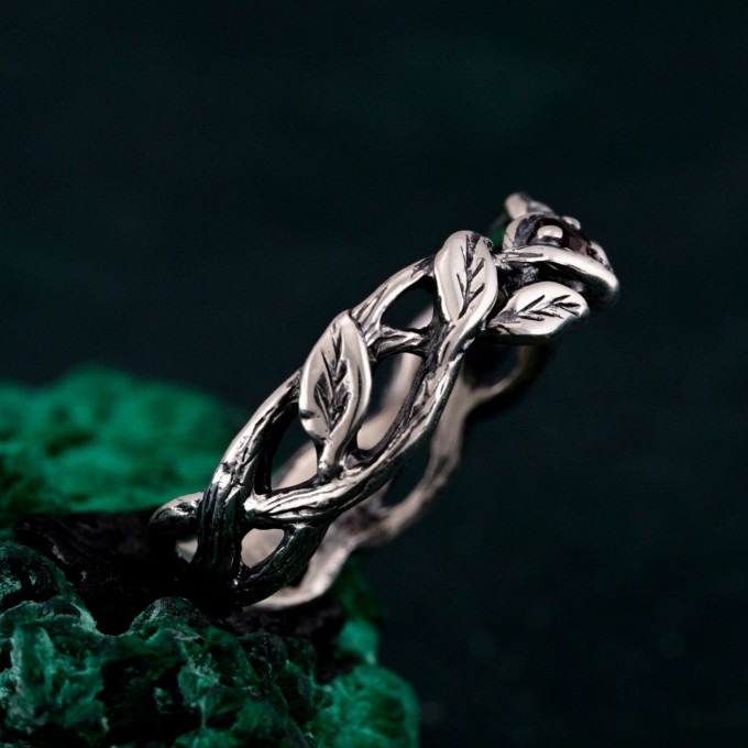 Garnet Twig Silver Ring with Dainty Branch and Petite Leaf Design