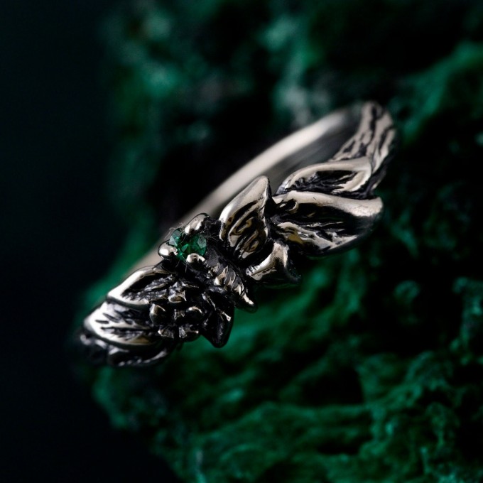 Nature-Inspired Unique Sterling Silver Engagement Ring with Emerald - Sparkle and Mystique, Elegant Butterfly Branch Engagement Ring