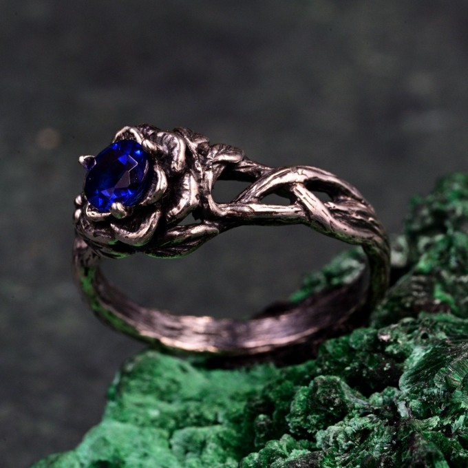 Petals of Dusk: Gothic Sapphire Ring