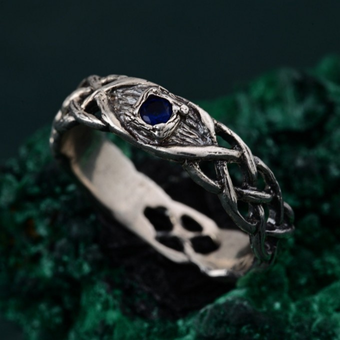 Wide Celtic Wedding Ring – Tree Bark Pattern with Sapphire, Vintage Style Sapphire Ring, Men's and Women's Wedding Band