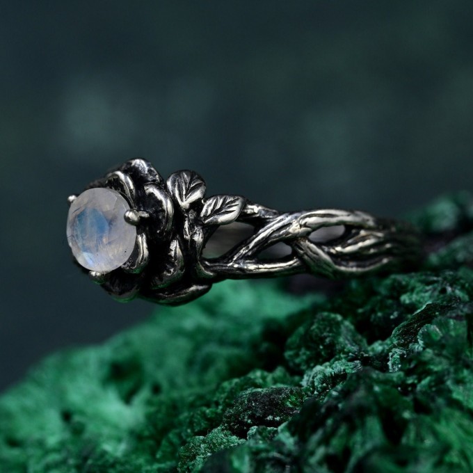 Bohemian Moonstone Lotus Ring - Unique Botanical Design