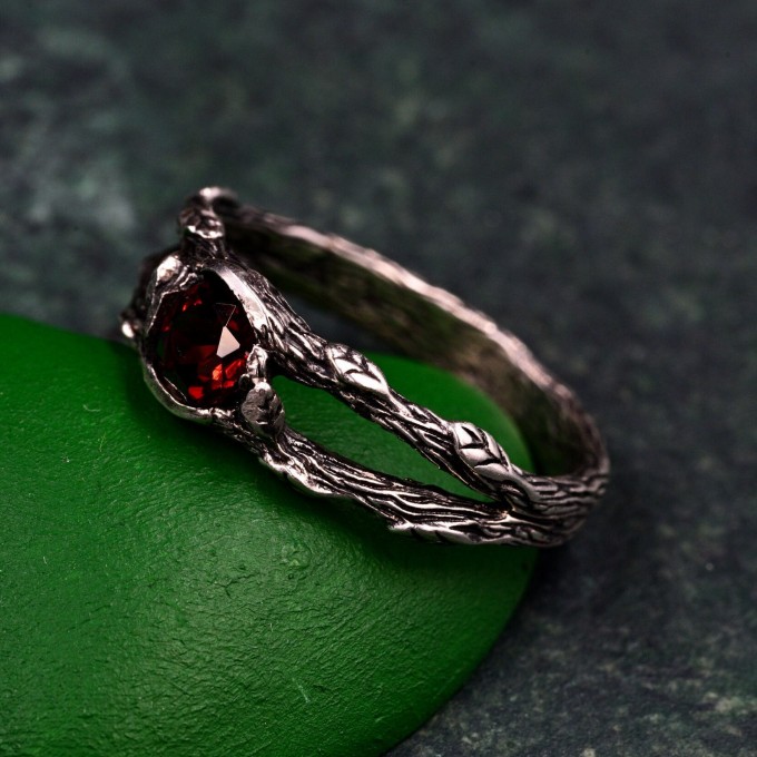 Unique Garnet Celtic Ring – Double Branch Design, Woodland Nature Engagement Ring in Alternative Fairy Style for Women