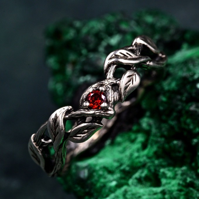 Garnet Twig Silver Ring with Dainty Branch and Petite Leaf Design