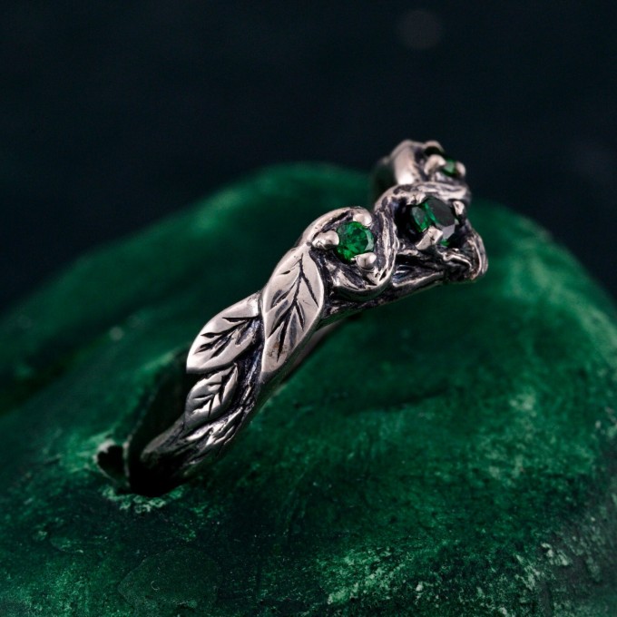 Emerald Engagement Band – Wooden Wedding Branch, Forest Wedding Ring, Branch of Love, Wooden Harmony Wedding Band