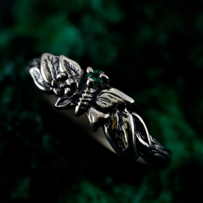Nature-Inspired Unique Sterling Silver Engagement Ring with Emerald - Sparkle and Mystique, Elegant Butterfly Branch Engagement Ring