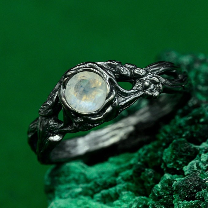 Moonstone Forest Branch Ring - Man’s Silver Vine Wedding Band with Unique Woodsy Texture