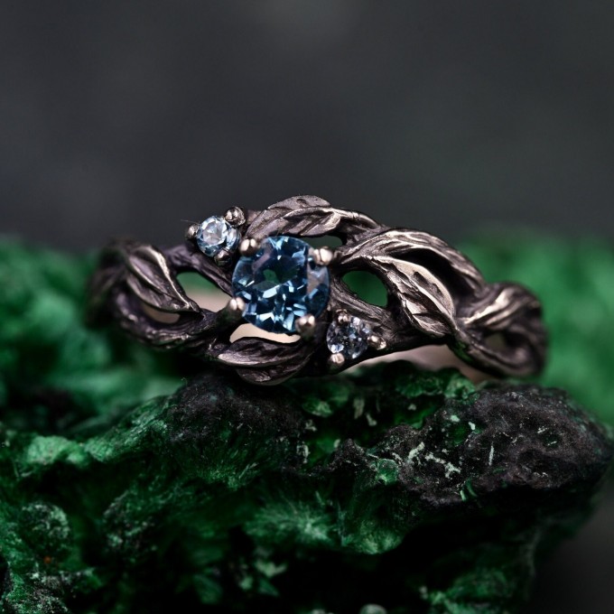 Whispering Leaves: Gothic Blue Topaz Ring