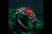 Garnet Silver Ring, Handcrafted Forest-Inspired Ring, Antique Finish, Unique Floral Design, Romantic Gift, Elegant Red Garnet