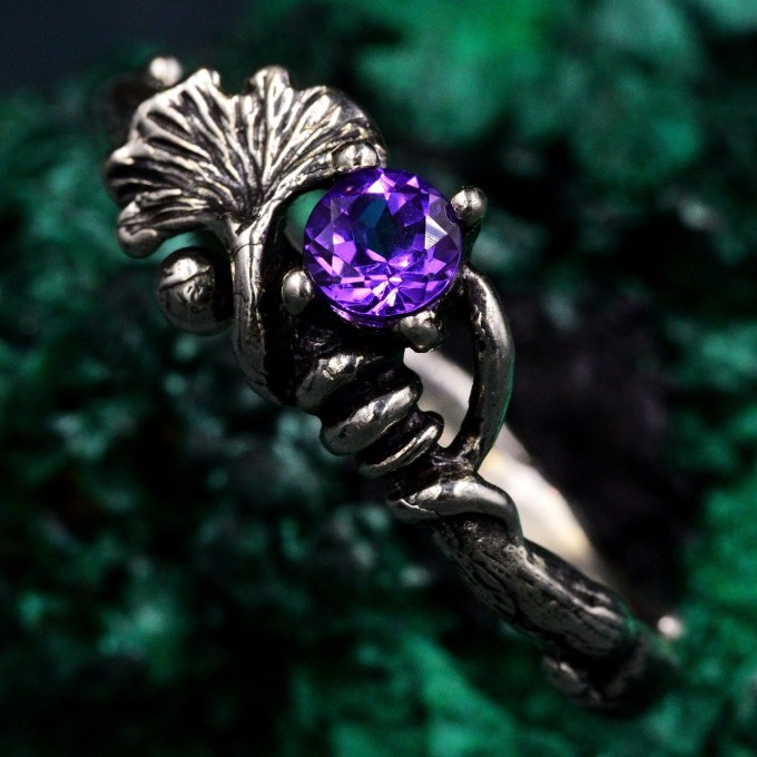 Silver Twig and Ginkgo Biloba Leaf Engagement Ring: Nature-Inspired Elvish Bridal Ring