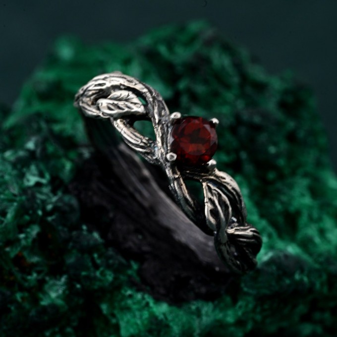 Silver Twig Branch Ring with Garnet Accent - Nature's Gemstone Adornment