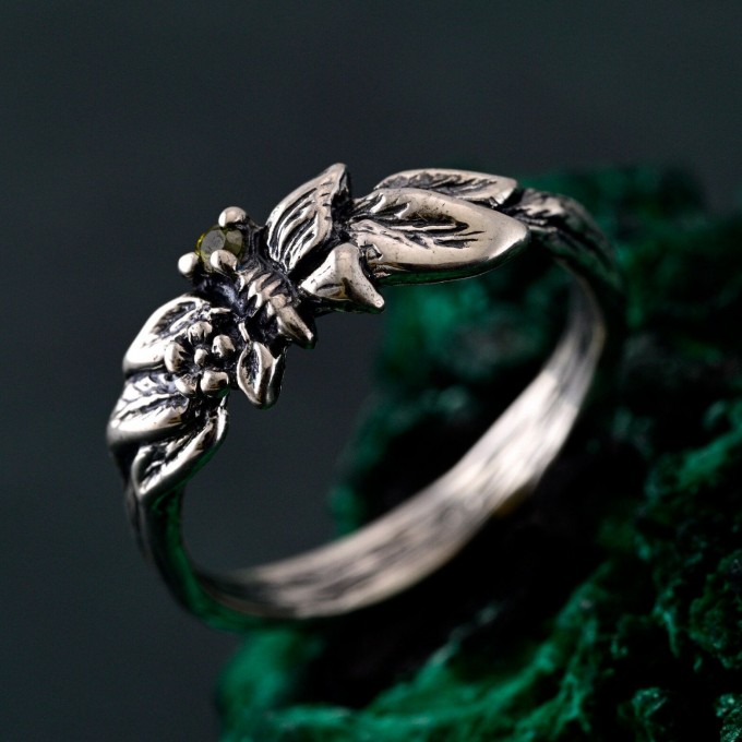 Nature-Inspired Peridot Silver Engagement Ring