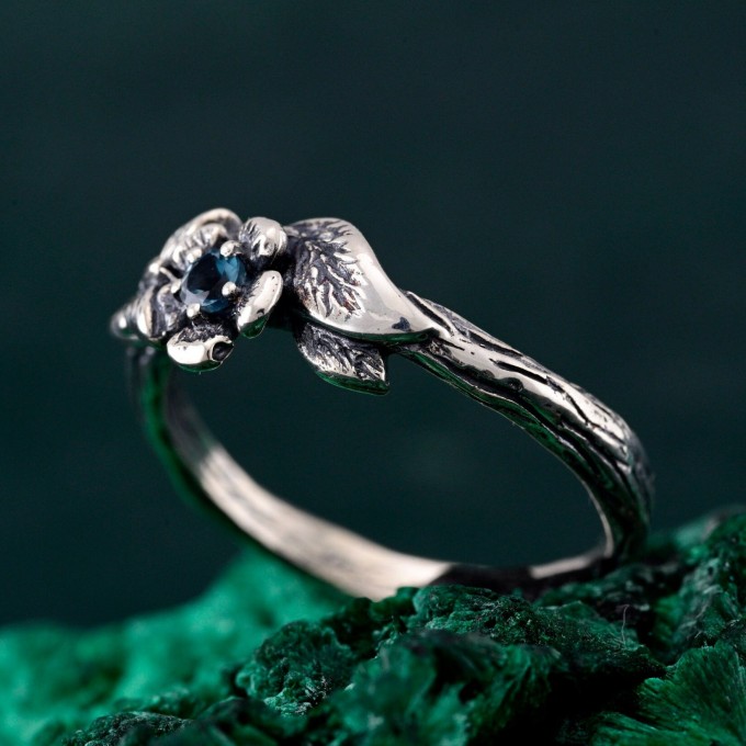 Floral Sterling Silver Ring with Blue Topaz