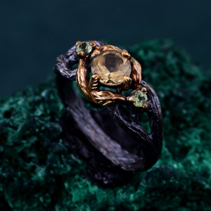 Citrine & Peridot Branch Ring - Nature-Inspired Unique Engagement Ring