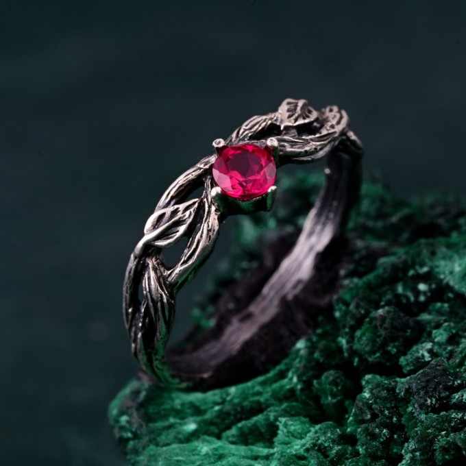 Leafy Branch with Ruby Ring – Nature-Inspired Silver Twig Jewelry