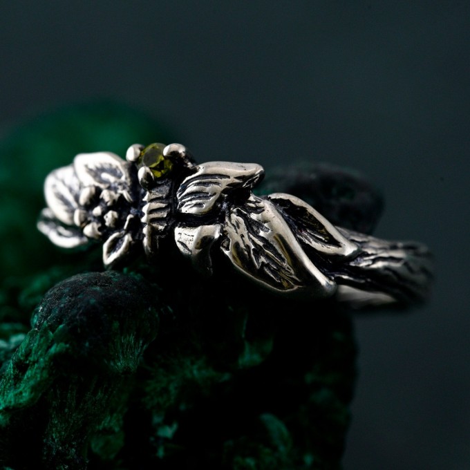Unique Peridot Twig Engagement Ring - Nature-Inspired Sterling Silver Design with Butterfly