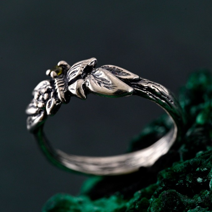 Nature-Inspired Peridot Silver Engagement Ring