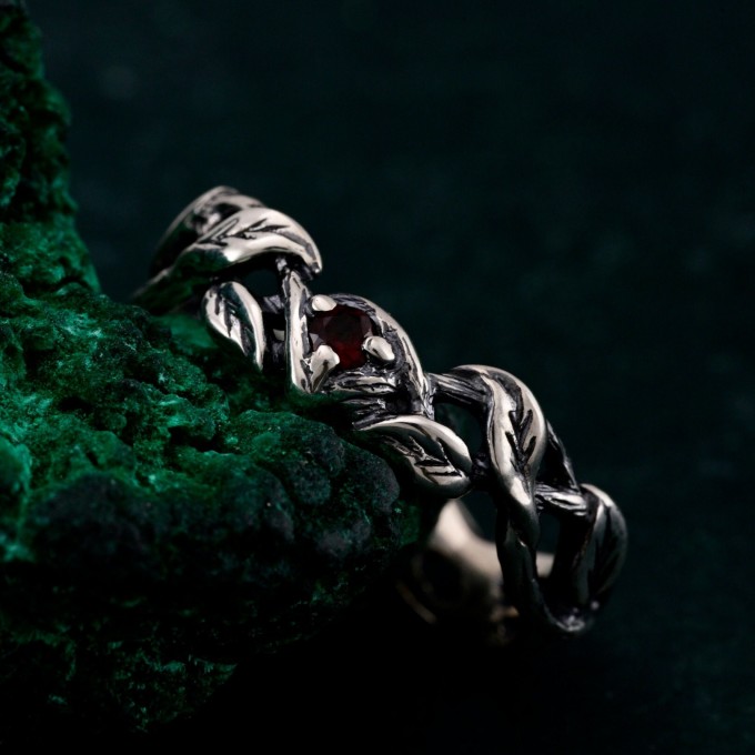 Garnet Twig Silver Ring - Adorned Branch Design