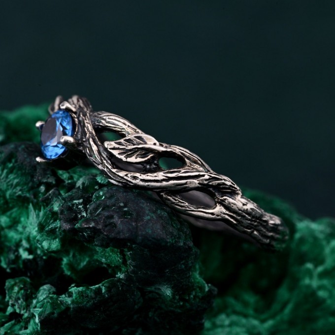 Leafy Branch with Topaz Ring – Nature-Inspired Silver Twig Jewelry