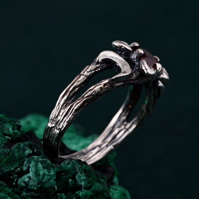 Mystic Ruby Lunar Ring - Triple Moon Goddess Silver Engagement Ring