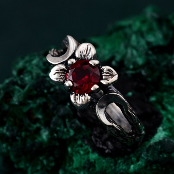 Mystic Ruby Lunar Ring - Triple Moon Goddess Silver Engagement Ring