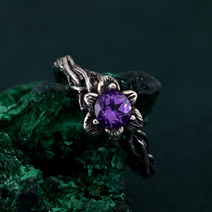 Garnet Blossom Twig Ring with Whimsical Vine Design