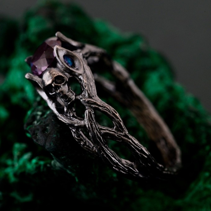 Silver Skull Engagement Ring: Gothic Twig Band Design