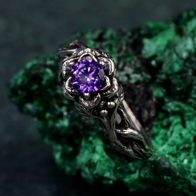 Enchanted Bloom: Gothic Sterling Silver Ring with Amethyst