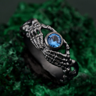 Celtic Knot Blue Topaz Fantasy Ring, Skeleton Hand Engagement, Gothic Forest Core, Unique Gift
