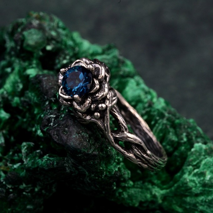Bloom of Dusk: Gothic London Blue Topaz Rose Ring