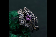 Mystical Amethyst Tree Ring, Enchanted Forest Silver Band, Handcrafted Leafy Design, Nature-Inspired Jewelry, Magical Engagement Ring