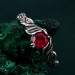 Gothic Silver Ring with Ruby and Leaf Motif