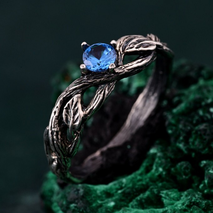 Leafy Branch with Topaz Ring – Nature-Inspired Silver Twig Jewelry