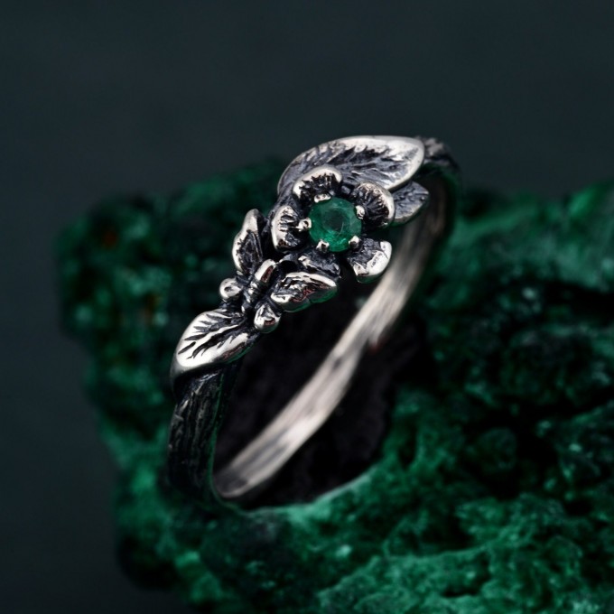Elegant Silver Butterfly Emerald Ring – Winged Emerald and Silver Grace
