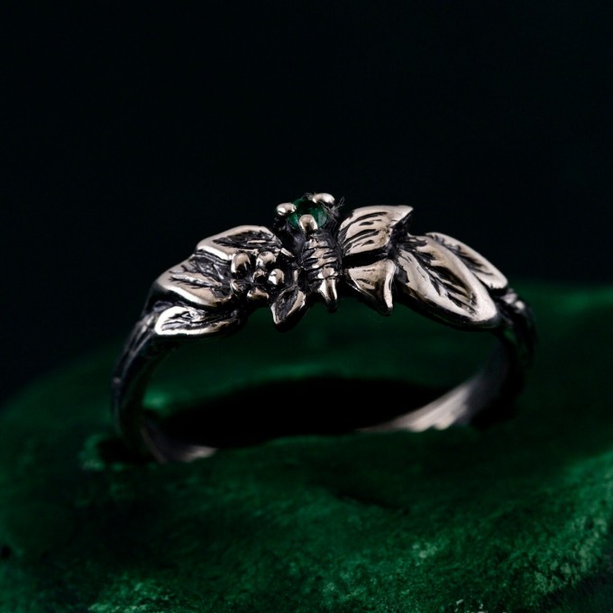 Unique Emerald Twig Engagement Ring – Sterling Silver Nature-Inspired Ring, Whimsical Butterfly Design, Artisan Crafted Jewelry