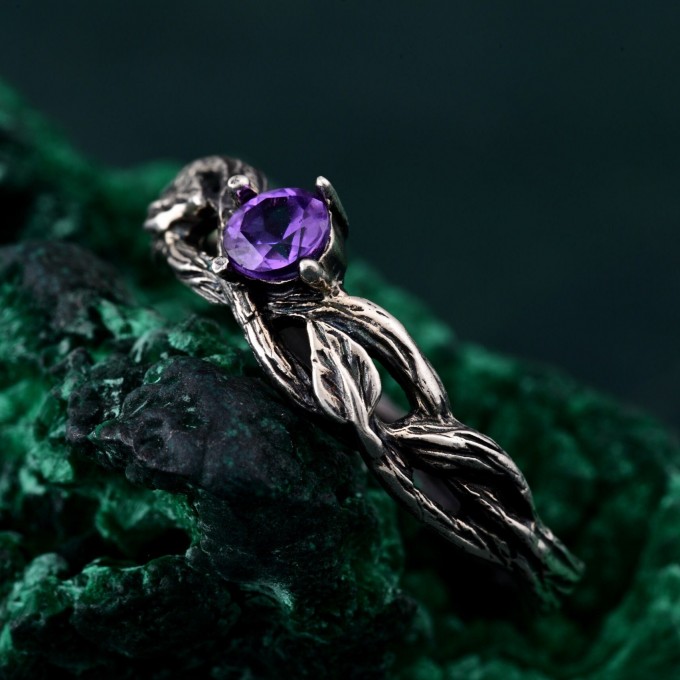 Leafy Branch with Amethyst Ring – Nature's Gemstone Adornment