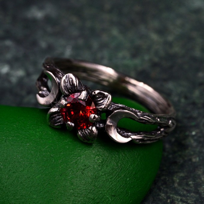 Celestial Silver Moon Ring – Mystic Garnet Lunar Ring, Triple Moon Goddess Ring, Silver Moon Trio, Crescent Goddess Ring, Engagement Ring